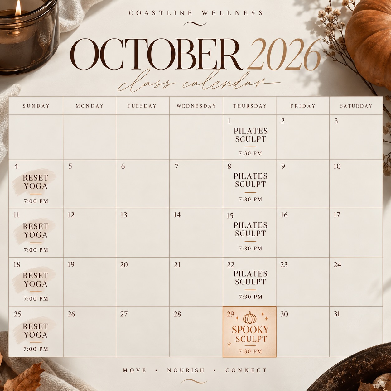 Coastline Wellness October 2026 class calendar